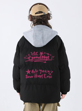 SNUN潮牌画笔字母印花假两件开衫棉服冬季复古街头基础款棉衣外套