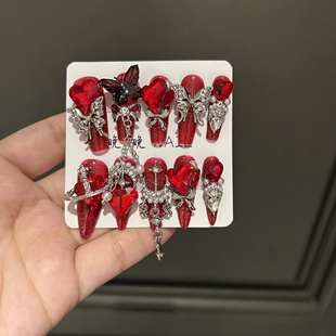飞蛾扑火 手工穿戴甲美甲爱心钻新款奢华美甲贴片可拆卸