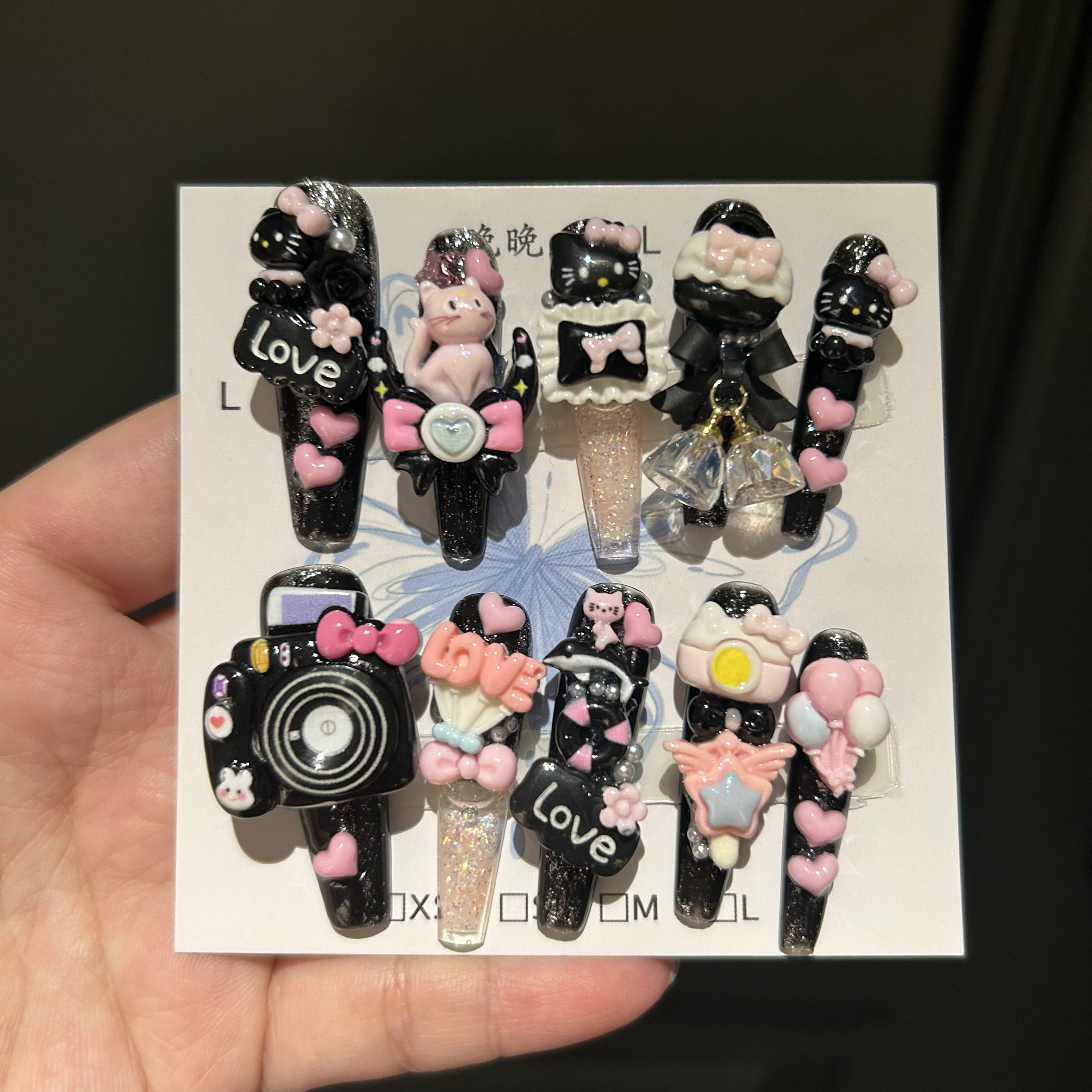 流麻黑粉相机纯手工穿戴甲可爱卡通美甲2指流沙美甲贴片成品