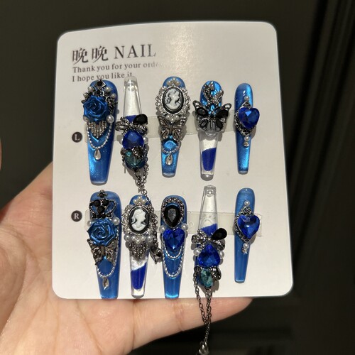 蓝玫 流麻款纯手工穿戴甲辣妹轻奢重工新款欧美高级蓝色流沙美甲