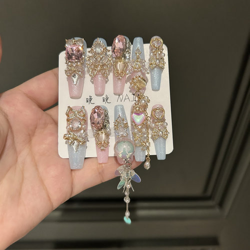 人鱼泡泡 纯手工穿戴甲豪镶美甲全锆配饰东洲钻奢华美甲高级款