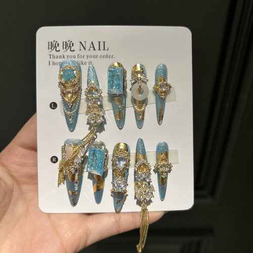 蓝盈盈 碎冰花钻全锆饰品纯手工穿戴甲满钻奢华满锆重工手工美甲