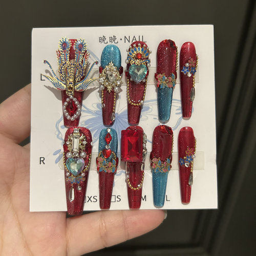 浴火凤凰 红蓝渐变宫廷风蓝宝石猫眼美甲穿戴甲高级感贵妇款