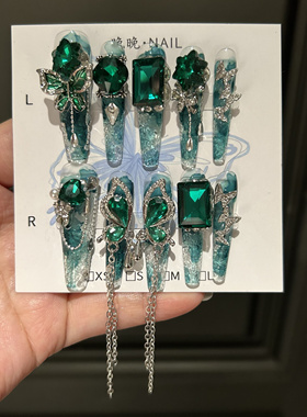 绿冰 手工穿戴甲绿色蝴蝶结链条高级感显白美甲贴片碎冰冰琉璃甲