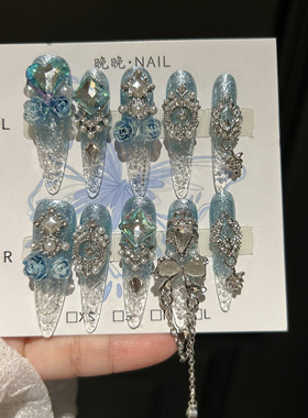 蓝冰 手工穿戴甲琉璃甲碎冰冰蓝色蝴蝶结美甲贴片成品假指甲