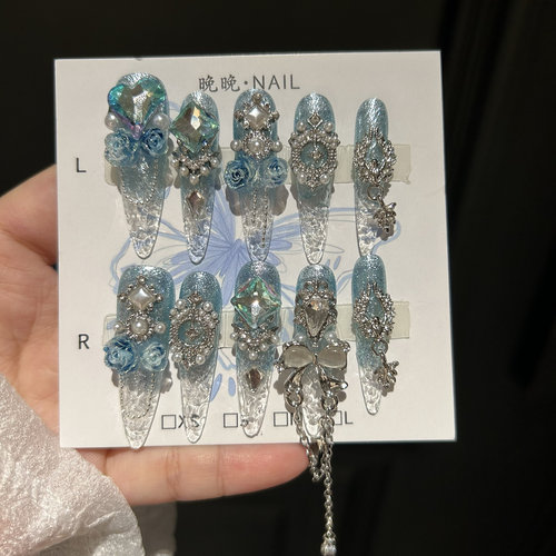 蓝冰 手工穿戴甲琉璃甲碎冰冰蓝色蝴蝶结美甲贴片成品假指甲