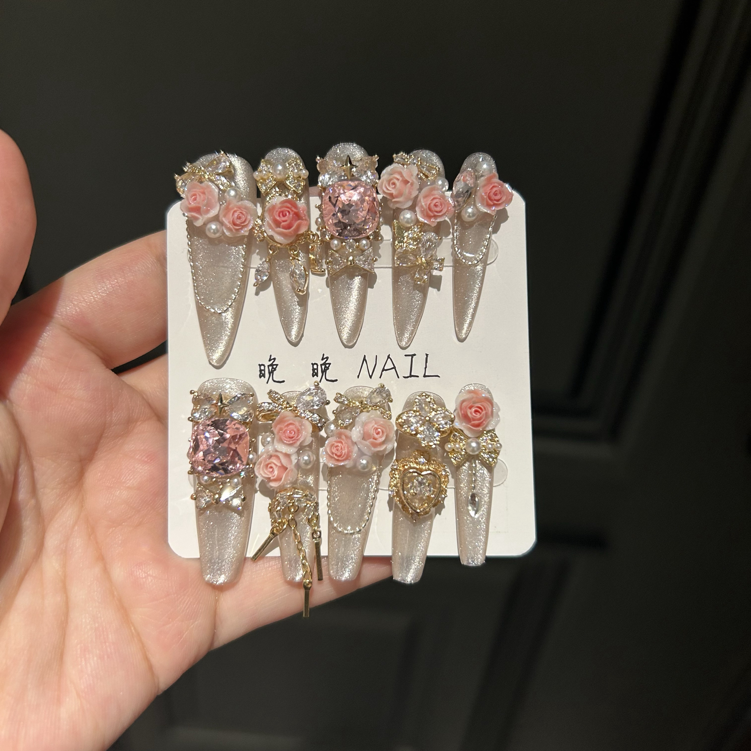 烟雨江南 全锆饰品东洲钻纯手工穿戴甲超长猫眼手工美甲奢华高级
