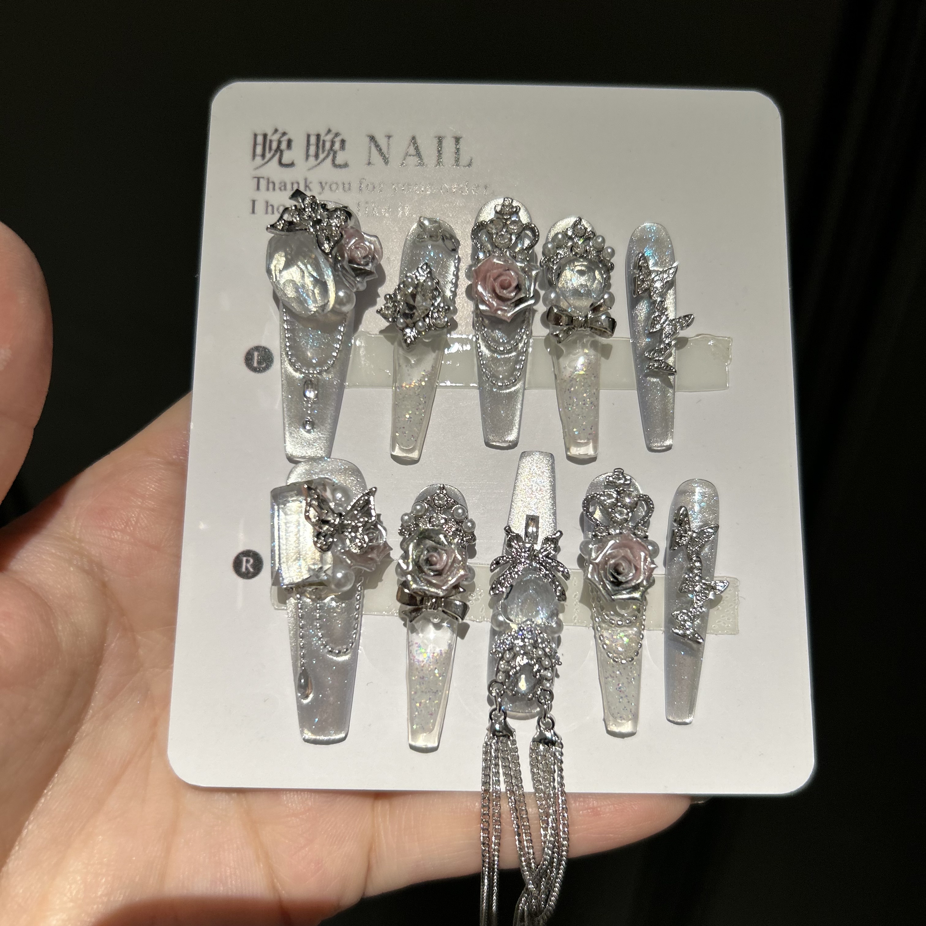 霜花 原创重工纯手工穿戴甲流麻流沙工艺美甲显白新款高级猫眼