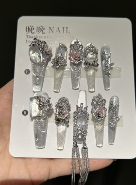霜花 原创重工纯手工穿戴甲流麻流沙工艺美甲显白新款高级猫眼