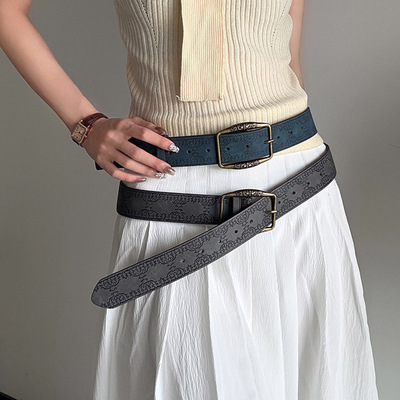 女士皮带2025新款美式复古牛仔裤带民族风压花男士腰带配饰高级感