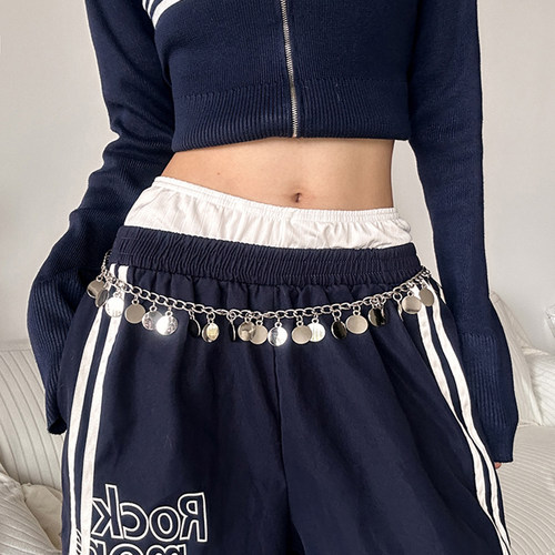 金属感硬币流苏装饰腰链女民族风小众潮流腰带百搭辣妹可调节裤带