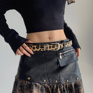 腰带女潮酷辣妹风百搭细款设计感豹纹可调节针扣棕色复古时尚皮带