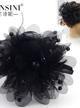 新款时尚黑色珠珠大抓夹女后脑勺盘发顶夹鸵鸟羽毛发卡妈妈鲨鱼夹