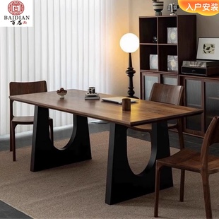 北欧中古风全实木餐桌家用办公会议桌设计师长桌侘寂风轻奢工作台