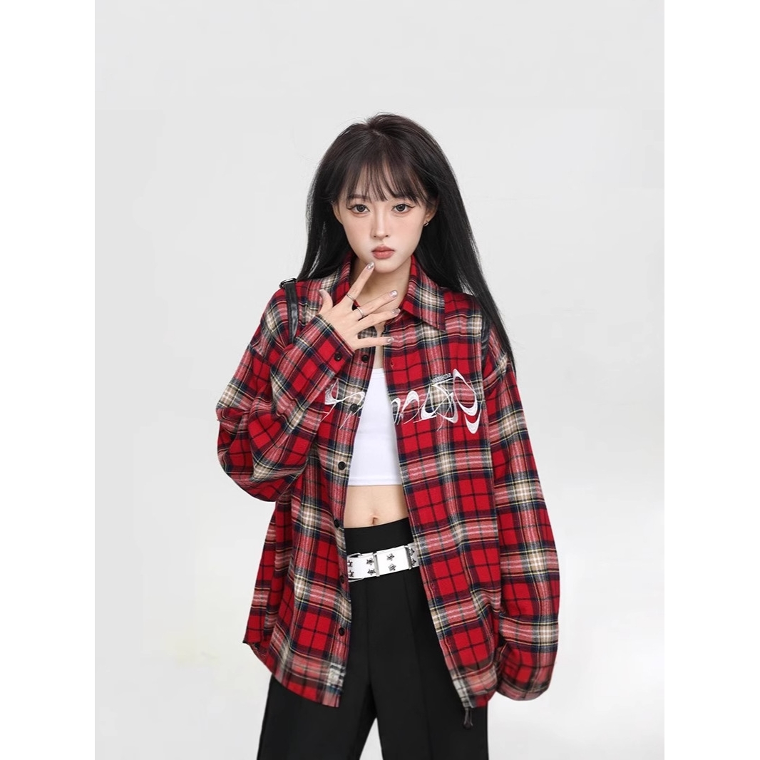 2025春秋新款格子衬衫女韩系复古港风ins小个子宽松长袖衬衣外套