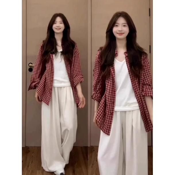 复古红色休闲格子衬衫外套2025秋季新款长袖宽松慵懒风衬衣上衣潮