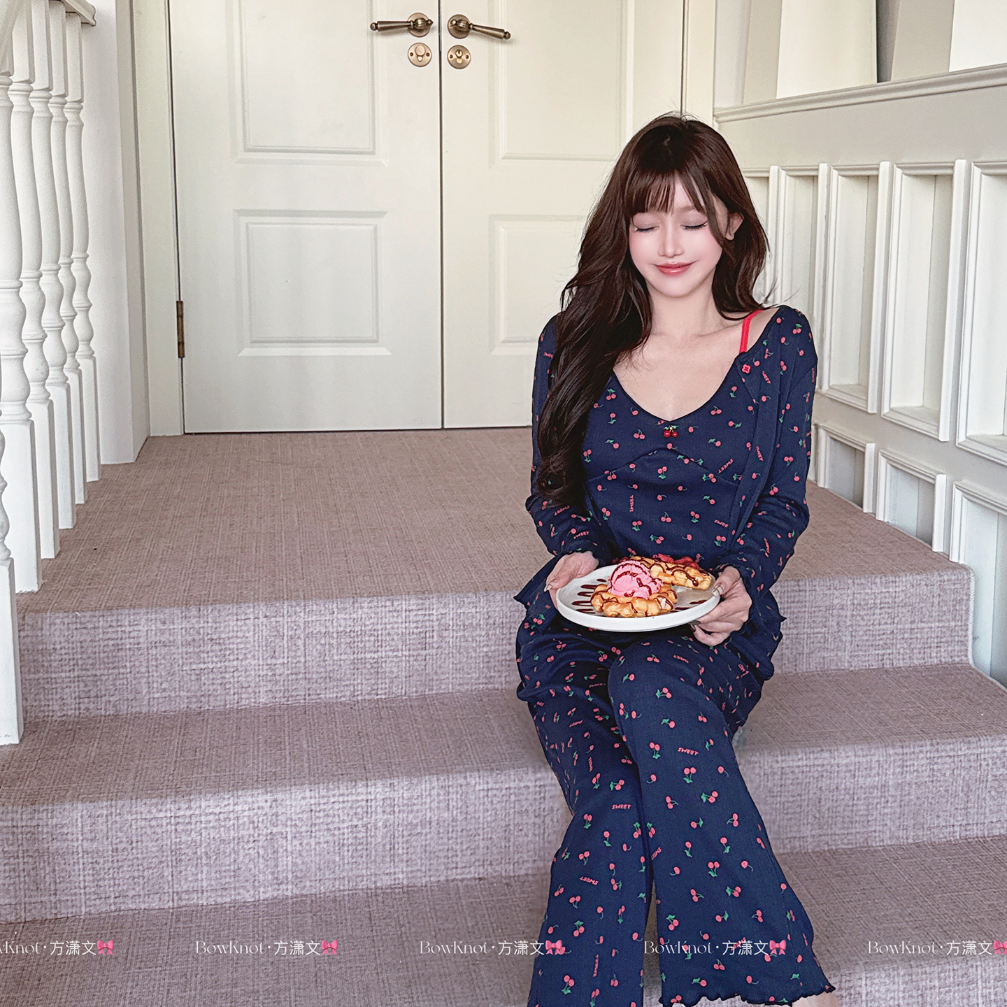 BK* 樱桃吊坠三件套提花针织棉睡衣纯欲超甜美带胸垫可外穿家居服