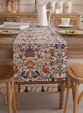 美式复古喜鹊花鸟提花流苏桌旗法式田园涤棉长条茶几盖巾酒店床旗
