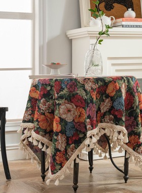 法式美式田园风提花鸢尾花朵植物餐桌布酒店厚实流苏台布家用盖巾