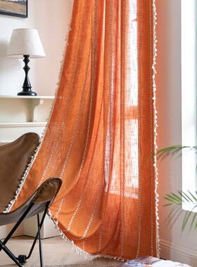 法式棉麻窗帘成品橙色多条纹刺绣撞色厨房帘北欧现代半遮光飘窗帘