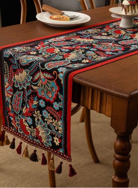 提花流苏桌旗新中式复古红色节日装饰长条桌布茶几电视柜盖巾床旗