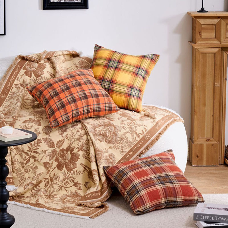 美式复古棉麻撞色格子印花抱枕套