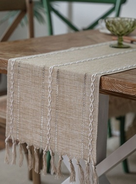 北欧几何提花流苏卡其桌旗现代简约时尚涤棉茶几长条盖巾酒店床旗