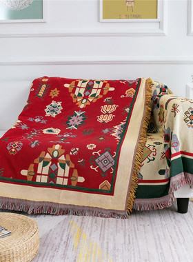 藏式民族风红色沙发巾出口棉线毯全盖布艺防尘套罩双人沙发垫盖毯