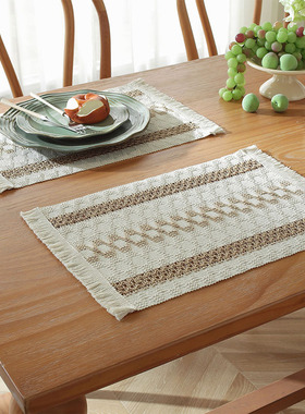 新品棉麻绳餐垫节日拍照道具餐具垫编织拼色条纹流苏碗垫法式美式