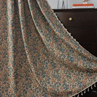 美式 半遮光厨房帘飘窗隔断挂帘 田园蓝色花朵提花流苏窗帘成品法式