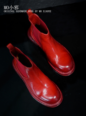MO小邪' 手工原创水洗马皮短靴切尔西秋冬一脚蹬真皮底靴子女鞋