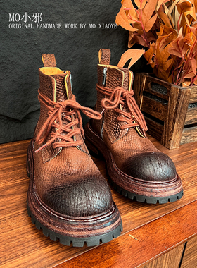 MO小邪’T555手工马皮系带短靴款骑士靴户外休闲百搭马丁靴经女鞋