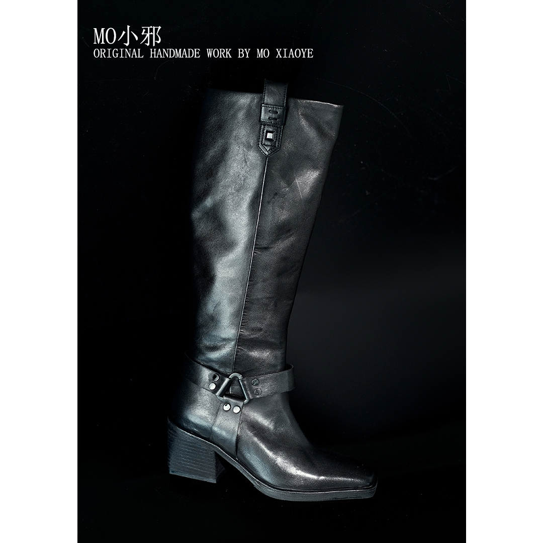 MO小邪' 手工原创水洗马皮长筒靴秋季时装靴百搭真皮底靴子女鞋