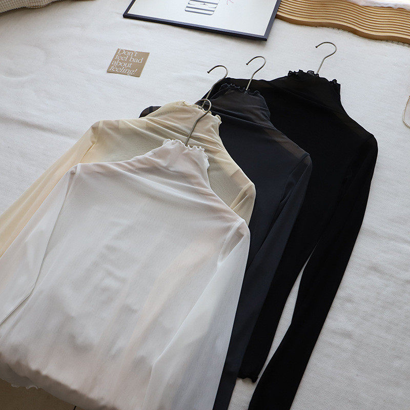 2026秋季新韩版木耳边半高领网纱微透显瘦长袖打底衫女