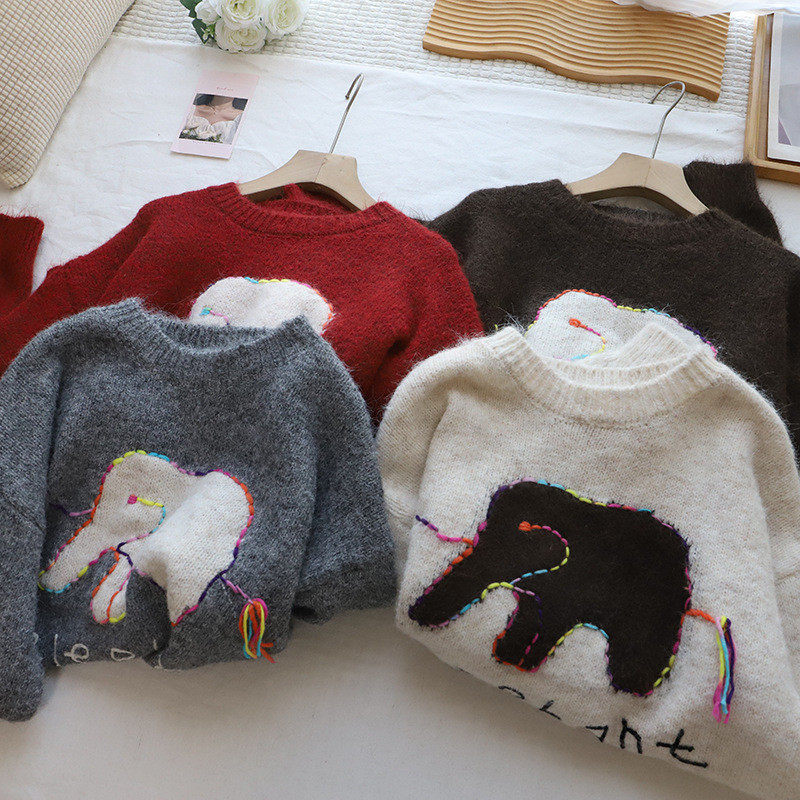 2026秋冬新款韩版圆领字母大象提花宽松显瘦套头毛衣女,女装/女士精品,毛衣,淘宝优惠券,粉丝福利购,淘宝优惠卷