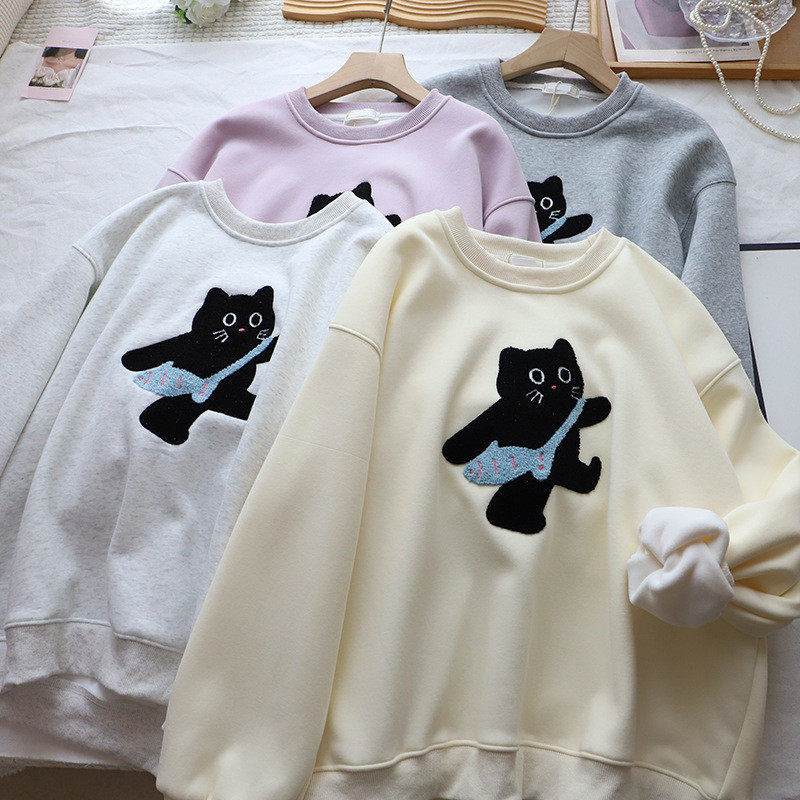 2026秋冬新韩版猫咪毛巾绣加绒加厚宽松休闲百搭卫衣女,女装/女士精品,卫衣/绒衫,淘宝优惠券,粉丝福利购,淘宝优惠卷