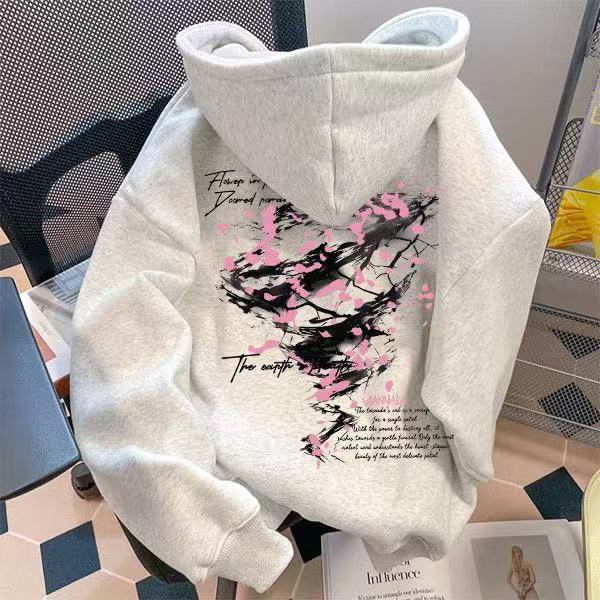 美式潮流加绒樱花龙卷风印花连帽卫衣男女宽松百搭情侣装秋冬外套