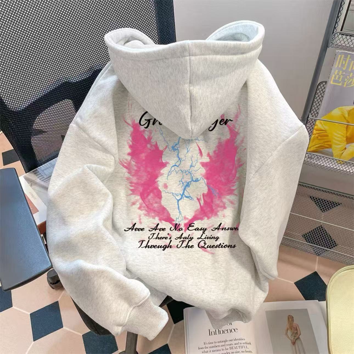 美式新款高街闪电字母印花连帽卫衣男女秋冬新款宽松加绒情侣外套