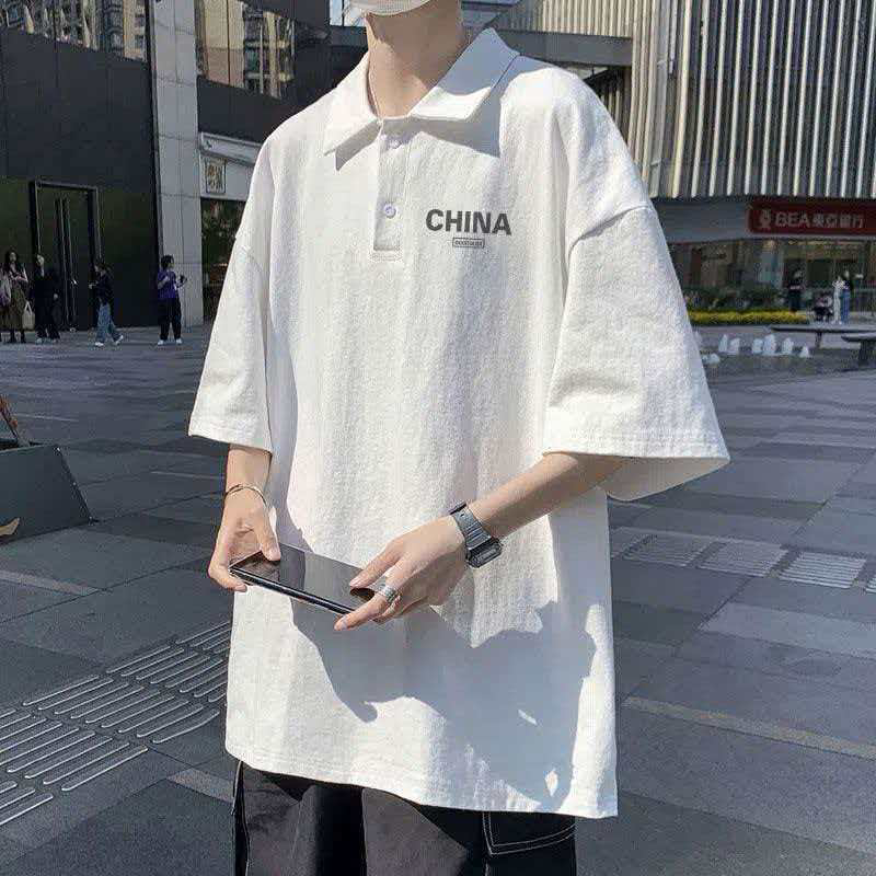 纯棉T恤polo衫简约港风潮牌ins高中生男大百搭宽松半袖印花小众