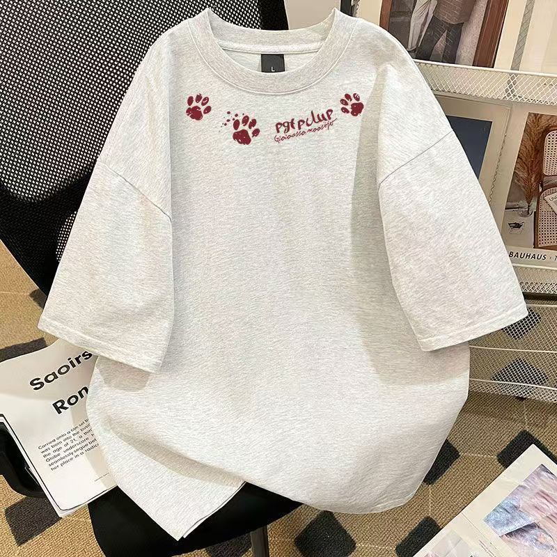 100%纯棉韩版围脖红色狗脚印男女短袖T恤圆领夏季宽松学院风上衣