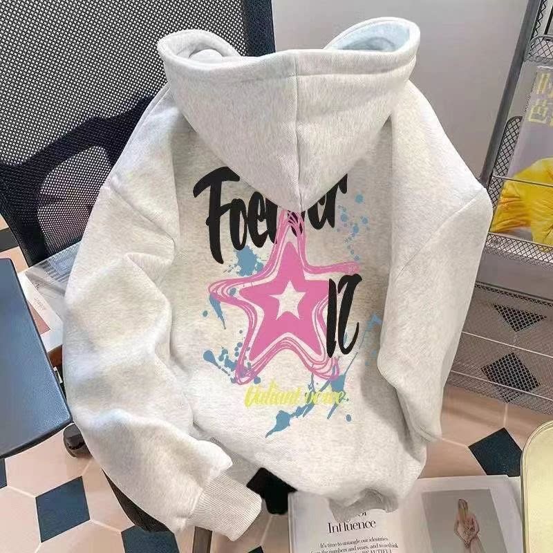 银狐绒美式潮牌加绒连帽学生卫衣男女秋冬新款简约情侣百搭上衣潮