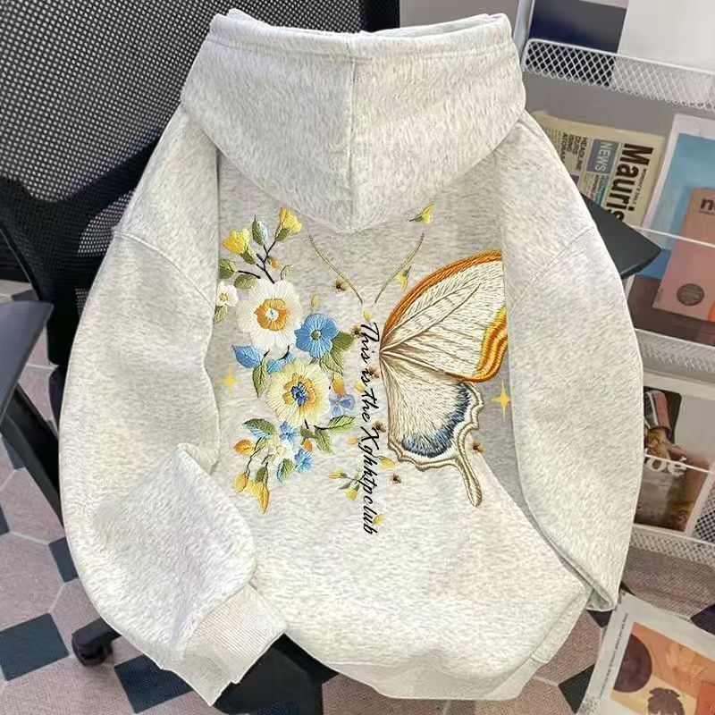 银狐绒字母蝴蝶印花复古连帽卫衣男女冬季情侣款加绒宽松百搭外套