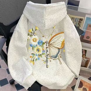 银狐绒字母蝴蝶印花复古连帽卫衣男女冬季情侣款加绒宽松百搭外套