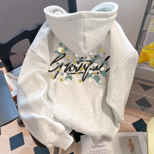 银狐绒韩版花朵印花连帽卫衣男女秋冬季学生宽松百搭休闲上衣外套