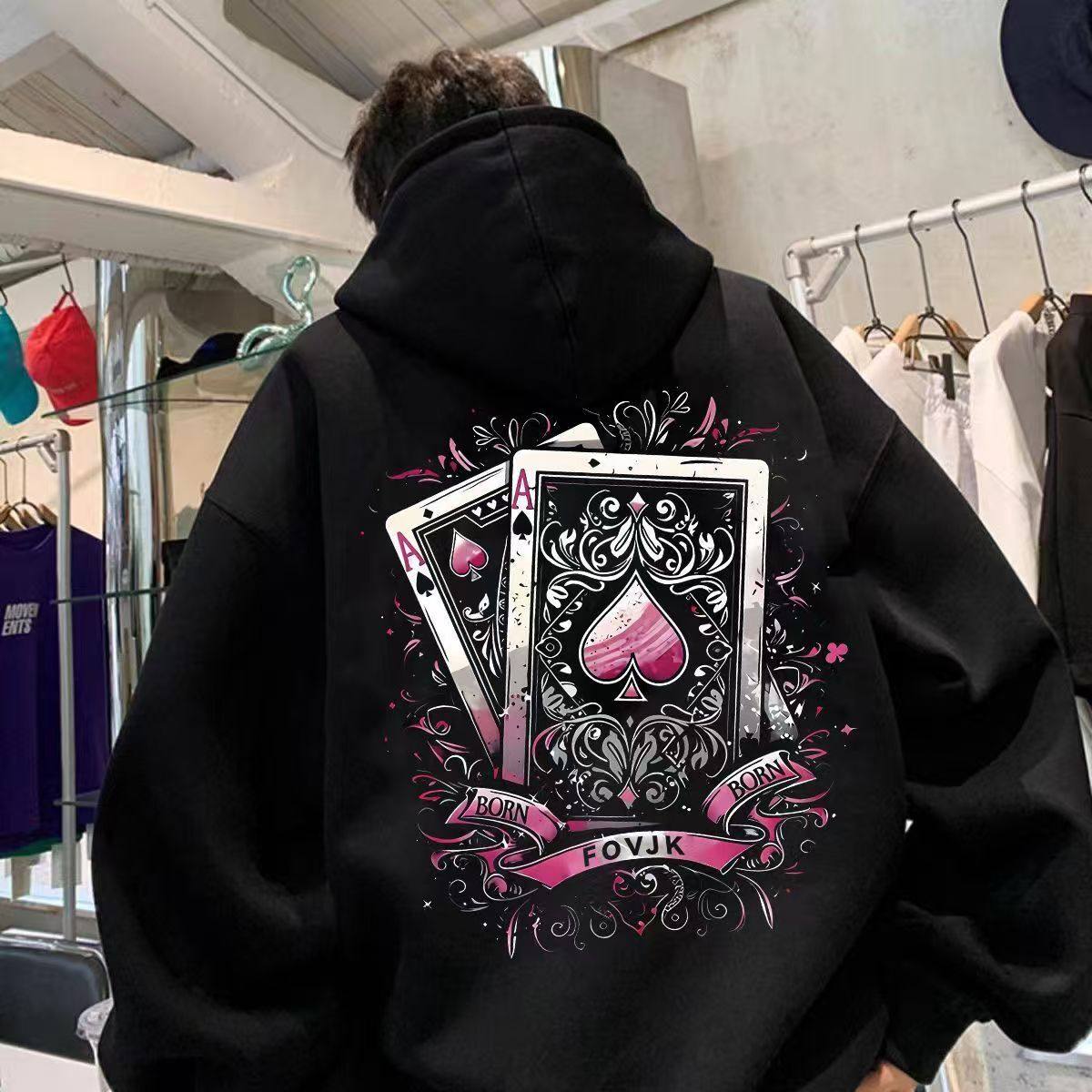 银狐绒连帽卫衣男女秋冬扑克印花慵懒风情侣宽松学生加绒加厚外套