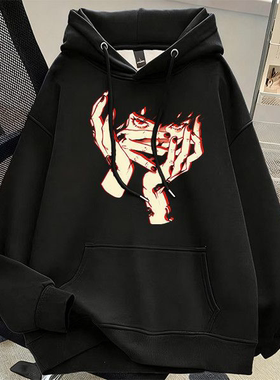 银狐绒连帽卫衣男女秋冬季潮酷动漫双手印花学生小众慵懒风设计感
