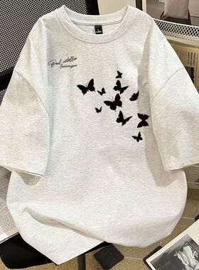 夏季设计潮牌100%纯棉印花短袖男女insT恤美式半袖宽松情侣上衣潮