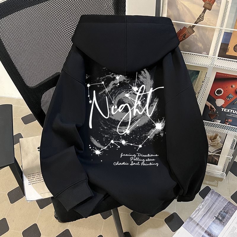 银狐绒美式连帽卫衣男女印花秋冬季加厚加绒百搭宽松小众新款上衣