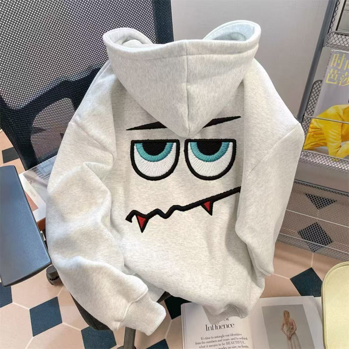 银狐绒恶魔印花连帽卫衣男女秋冬季新款加绒潮流加厚上衣外套情侣