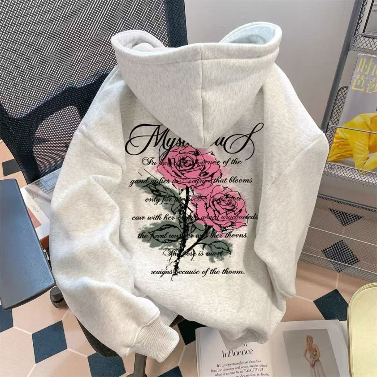 银狐绒美式加厚连帽卫衣秋冬复古男女玫瑰花印花宽松秋冬新款外套